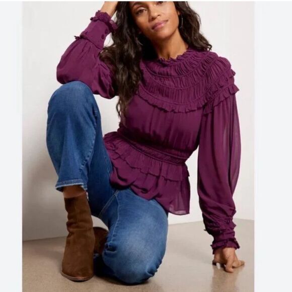 Farm Rio Purple Ruffle Peplum Burgundy Blouse Long Sleeve XS - Picture 1 of 10